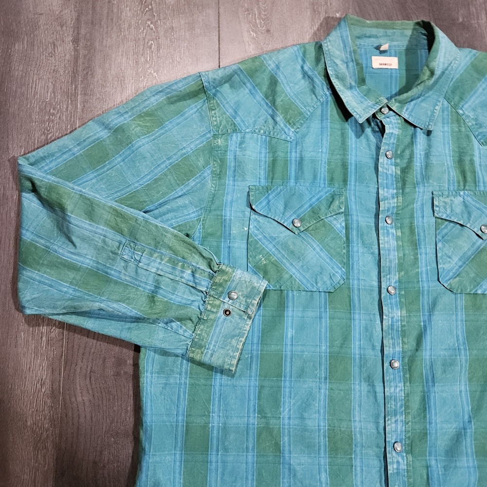 Gramicci Pearl‎ Snap Western Yoke Shirt Men XL Teal Plaid Cowboy Dye Distressed
